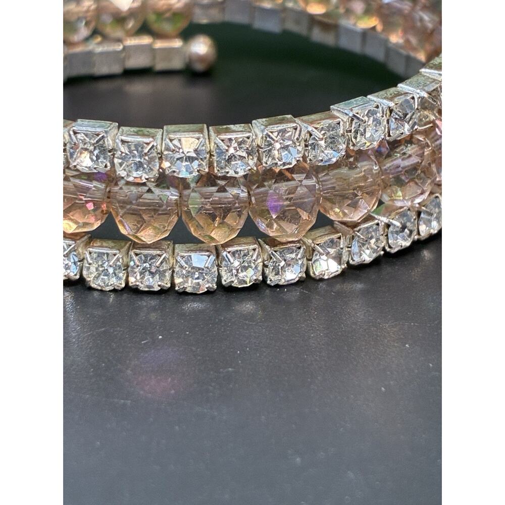 Vintage 3-Strand White And Champagne Colored Rhinestone Wrap Bracelet - Picture 2 of 7